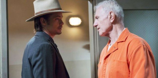 Raylan (Timothy Olyphant) exchanges words with Arlo (JR Barry) in 'Money Trap'